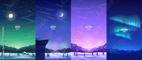 Collection of natural winter landscapes. Snowy valley and mountains, aurora borealis, isolated house, night sky and moon. Snowdrifts, snowfall. Vector illustrations for covers, wallpapers, booklets.