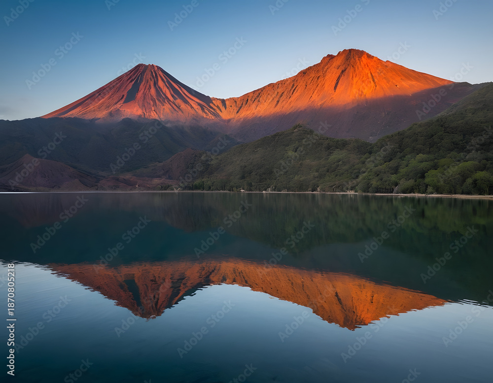 Fototapeta premium Volcanic Mountain in the morning light reflected in the calm waters of the lake—Mount Fuji in Japan.