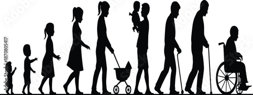 Silhouettes of people at different life stages from childhood to old age with a wheelchair youth