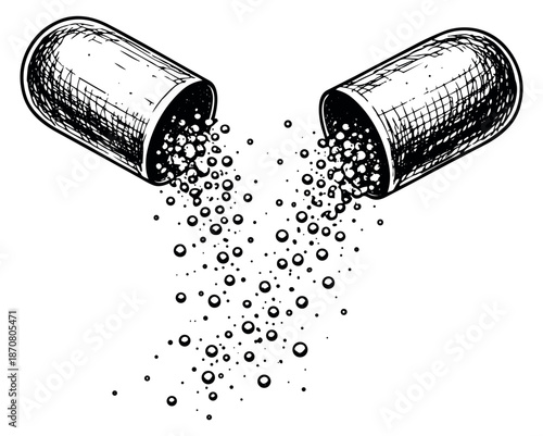 Hand drawn line art illustration of a medicine capsule depicting powder spilling for health and wellness