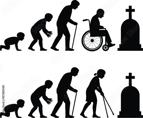 Silhouettes of people crawling walking with a cane in a wheelchair and near a tombstone