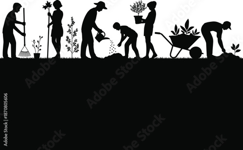Silhouettes of people gardening with tools and plants on a white background