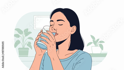 Young woman with dark hair sipping from a transparent glass mug in a serene indoor setting with potted plants