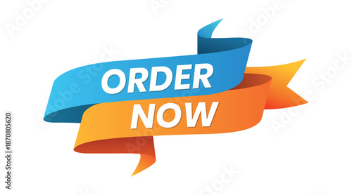 Order Now Sale Ribbon Badge, E-Commerce Promotion, Flat Blue and Orange Gradient, Discount Offer, Editable Vector