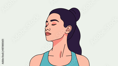 Flat-style illustration of a woman in quiet reflection with a peaceful smile, dark hair in a ponytail, and a light blue sleeveless top
