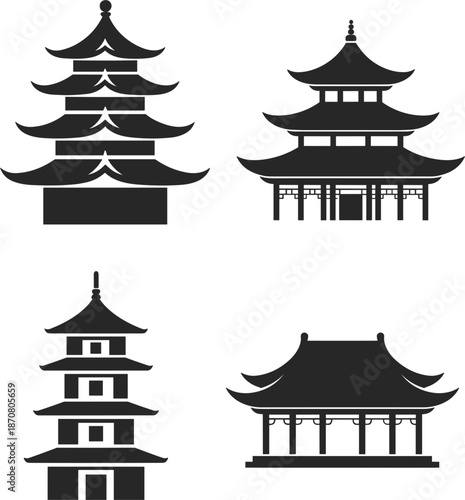 Japanese pagoda and East Asian temple silhouette set, traditional oriental architecture vector icons, Buddhist shrine symbols