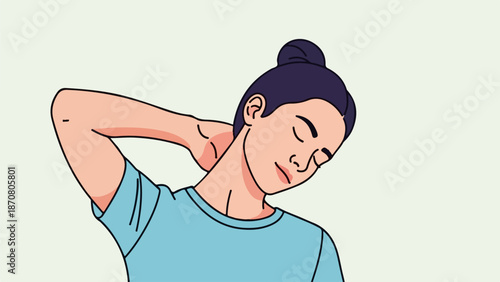Stylized illustration of a relaxed woman with dark blue hair and a light blue shirt