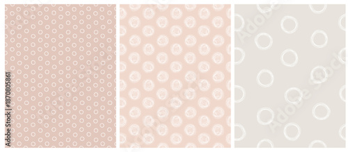 Seamless Vector Pattern With White Hand Drawn Dots And Circles Isolated on a Peach And Gray Background. Abstract Irregular Geometric Repeat Design Ideal For Fabric, Packaging. Childish Style Print.