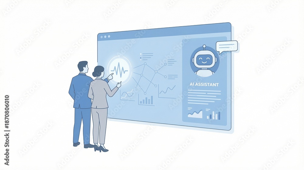 Fototapeta premium Two professionals interacting with a large screen featuring a robot and data charts.