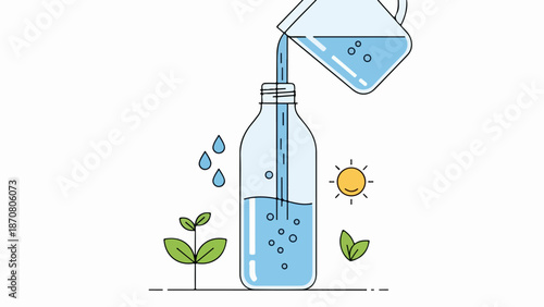 Clear glass bottle being filled with water from a pitcher surrounded by green plants and a bright yellow sun