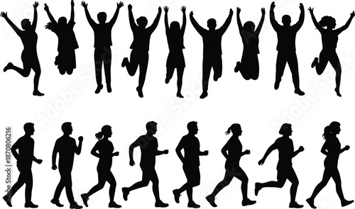 Silhouettes of people jumping and running in black and white