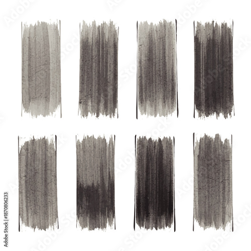 Collection of eight abstract watercolor brush stroke textures in shades of grey