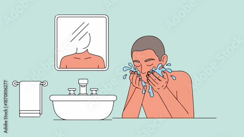 Man washing his face over a modern white sink in a clean bathroom with a light blue wall