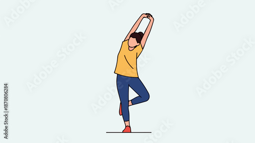 Person practicing a yoga pose with one leg raised and hands clasped overhead