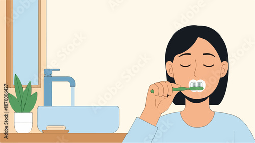 Woman brushing her teeth with a green toothbrush in a bright bathroom with a wooden-framed mirror and a light blue sink