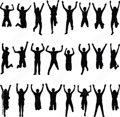 Silhouettes of people jumping with arms raised in three rows against a white background black