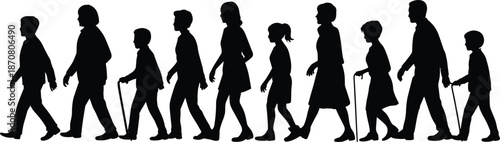 Silhouettes of people of various ages walking including some using canes on a white background