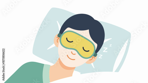 Woman resting with sleep mask on light blue pillow against calming blue background