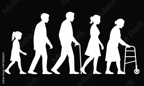Silhouettes of people walking from childhood to old age with a walker on black background youth