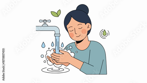 Woman washing hands under a faucet with cross-shaped handle, illustrated with green leaf and leafy droplet accents