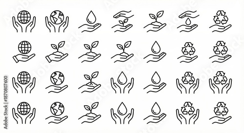 Set of thin line icons related to ecology, environment and nature conservation