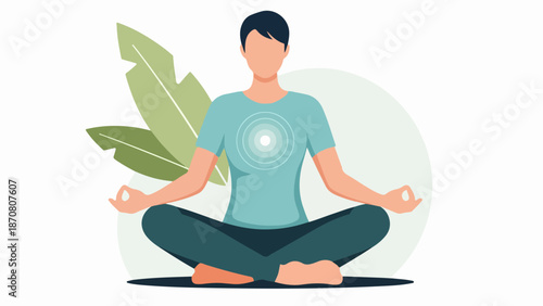Man in meditative pose with mudra gesture, framed by green circle and leaves