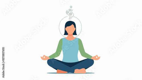 Woman in meditative pose with halo-like formation on beige background