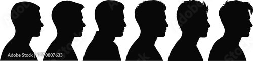 Six black silhouette profiles of people with different hairstyles against a white background