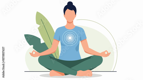 Woman in meditative pose with hands in mudra, light blue t-shirt, dark green pants, and blurred face