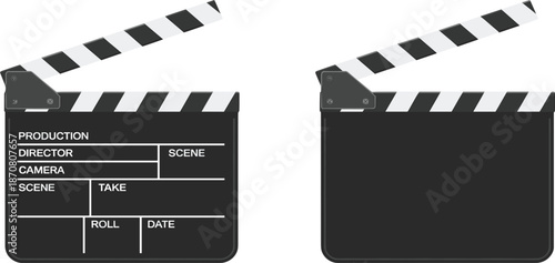 Movie clapperboard vector set, film slate production icons, blank and labeled cinema director tools