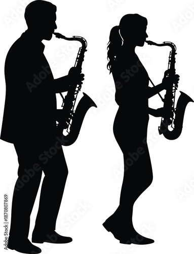 Two silhouettes playing saxophones against a white background musicians musical instruments