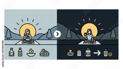 Dual-panel illustration of a woman meditating in natural settings with relaxation tools