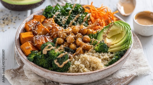 Vegan Power Bowl with Roasted Sweet Potatoes, Chickpeas, Quinoa, Kale, Broccoli, and Avocado, Drizzled with Creamy Tahini Dressing.