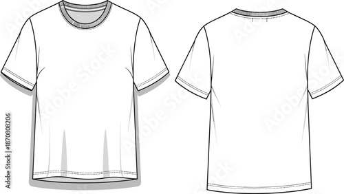 Front and Back View Vector Illustration of a Unisex Short Sleeve White Crew Neck T-Shirt Featuring a Classic Regular Fit Design