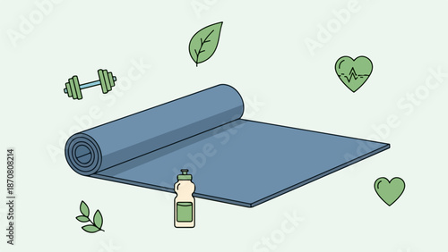 Fitness and wellness scene with blue yoga mat, green dumbbells, and water bottle