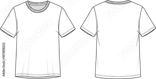 Front and Back View Vector Illustration of a Unisex Short Sleeve White Crew Neck T-Shirt Featuring a Classic Regular Fit