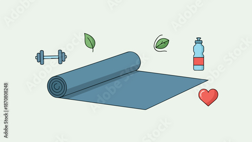 Fitness setup with blue yoga mat, dumbbells, water bottle, green leaves, and red heart