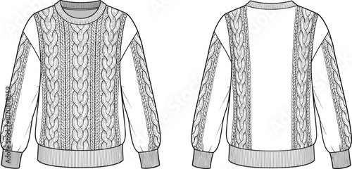 WebFront and Back View Vector Illustration of a Women’s Oversized Cable Knit Sweater Featuring a Classic Crew Neck and Ribbed Trim