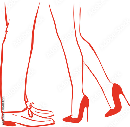 Minimalist red line art of a couple legs facing each other with man in dress shoes and woman in red high heels