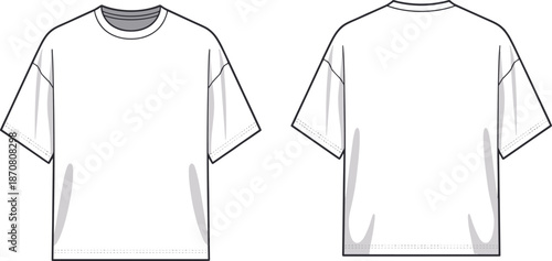 Oversized T-Shirt Vector Technical Flat Sketch Template with Drop Shoulders Front and Back View for Fashion Design and Mockup Presentation (20 words)
