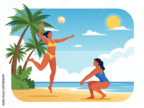 Vector illustration of two women playing beach volleyball on a sunny tropical day with palm trees and ocean in the background