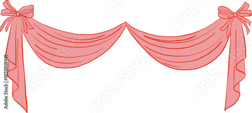 Pink fabric drapery swag with bows, elegant hand-drawn line art garland illustration.