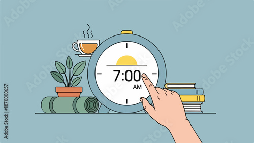 Minimalist morning scene with alarm clock, coffee, plant, yoga mat, and books