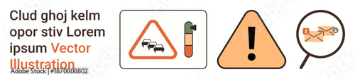 Traffic control, hazard warnings, communication tools, email inspection, alert notifications, informative displays. Symbols of a warning sign, exclamation mark and envelope. Traffic control