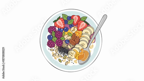 Top-down illustration of a light blue bowl filled with fresh fruits, nuts, and seeds
