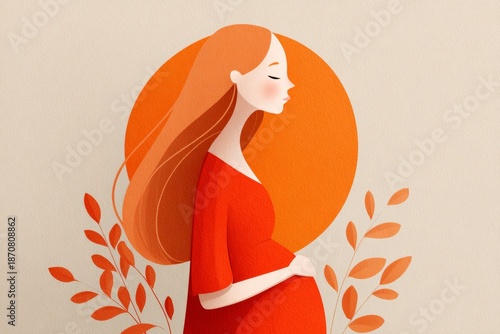 Pregnant woman in dress, gracefully posing against colorful abstract background, showcasing beauty and strength of motherhood with floral elements enhancing scene. illustration of expectant mother