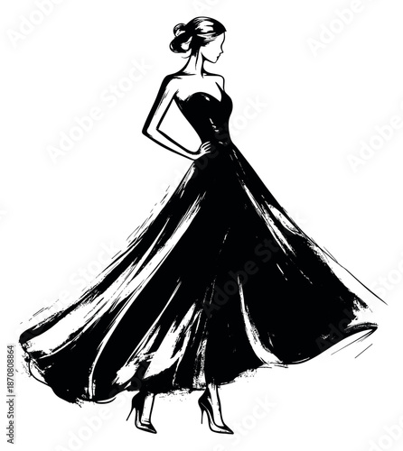 Hand drawn illustration of a woman depicting elegance in an evening gown for fashion and luxury themes