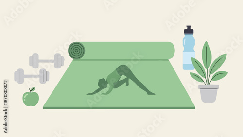 Fitness setup with yoga mat, dumbbells, apple, water bottle, and potted plant in a bright indoor space