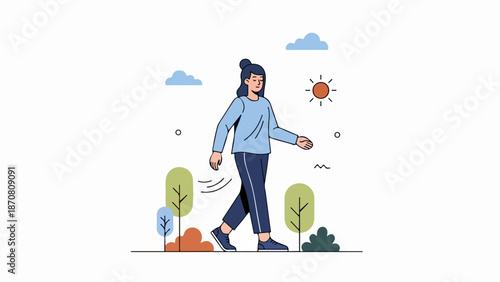 Woman walking confidently in a lush green natural setting with a partly cloudy sky