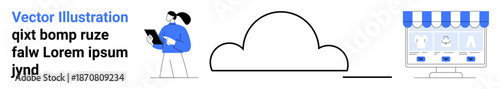 Cloud computing, digital transformation, online shopping, internet technology, modern business tools, e-commerce. Person holding a tablet, cloud icon and store interface. Cloud computing and digital